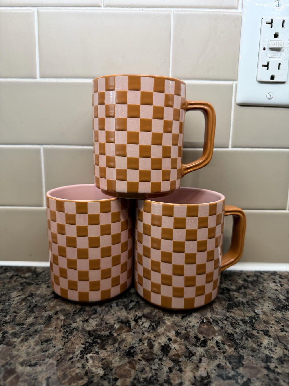 Pink and Brown Checkered Ceramic Mug Set - 3-Pack